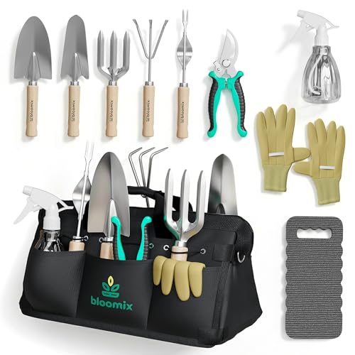 Bloomix 12 Pcs Gardening Tools Set - Heavy Duty Garden Tools Set with Tool Bag, Kneeling Pad, Apron & More Garden Accessories - Stainless Steel Plant Care Kit Supplies, Gardening Gifts for Women Men