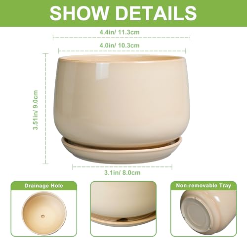 G EPGardening 4 inch Plant Pots - Ceramic Planter with Drainage Hole & Saucer, Small Plant Pots for Indoor Outdoor, Round Succulent Pot, Modern Decorative Flower Pot, Desk Decor, Garden Gifts, Beige - color: Beige, size: 4 Inch