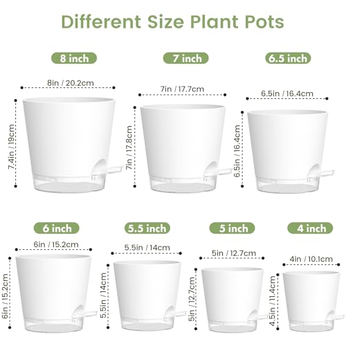 Meowell Self Watering Pots Set of 7 – Assorted Size 4" to 8" Indoor Plant Pots with Drainage Holes and Clear Reservoir for Visible Water Level, Plastic Wicking Planter for House Plants & Flower, White - color: White, size: 8+7+6.5+6+5.5+5+4 in 7pcs