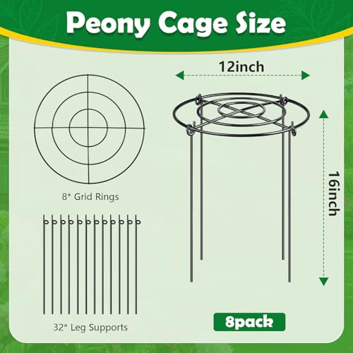 Peony Cages and Supports 8 Pack, 12x16 Inch Heavy Duty Metal Plant Cage for Outdoor Plants – Grow Through Flower Support Rings for Peonies, Roses, Tomatoes & Hydrangeas - size: 8.1PACK-12*16inch