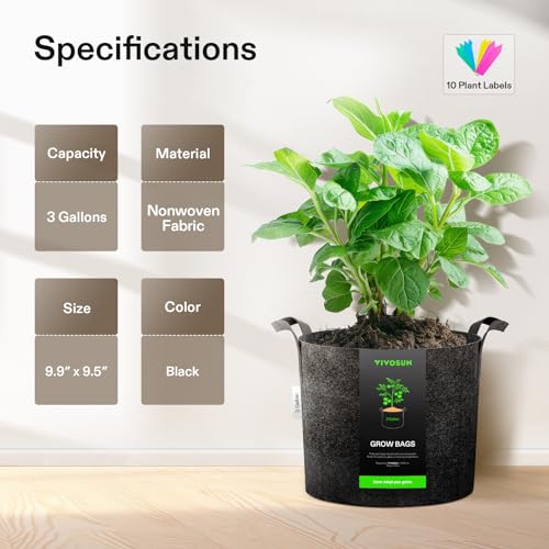 VIVOSUN 5-Pack 3 Gallon Plant Grow Bags Heavy Duty Thickened Nonwoven Fabric Pots with Handles - color: Black, size: 3 Gallons