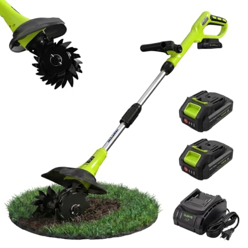Cordless Garden Tiller Cultivator with 2 * 2.0Ah Batteries & Charger, 9" Tilling Width 6.3" Depth Electric Soil Tiller, Lightweight Rototiller for Garden Raised Beds Flower Pots Yard Lawns - color: Black + Green