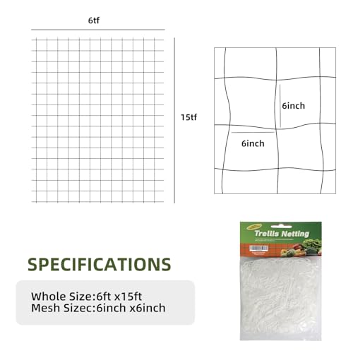 Heavy Duty Garden Trellis Netting, 6 x 15 ft, White, Rectangular, Polyester Nylon, Climbing Plant Support Netting, Garden - size: 6x15ft - 2 Pack