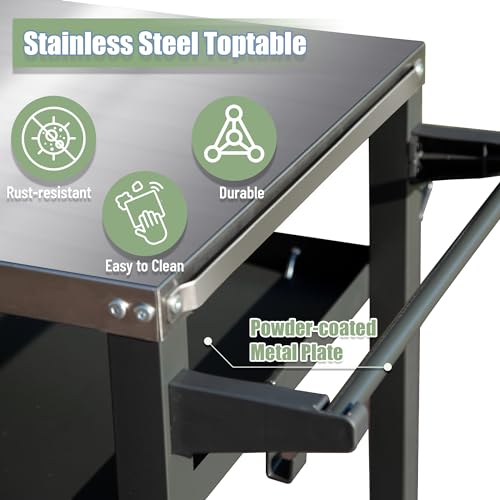Domi 3-Shelf Outdoor Grill Table, Grill Cart Outdoor with Wheels, Pizza Oven and Food Prep Table, Blackstone with Stainless Steel Tabletop, BBQ Stand for Blackstone Griddle for Outside BBQ - style: Stainless Steel Tabletop+Solid Shelf