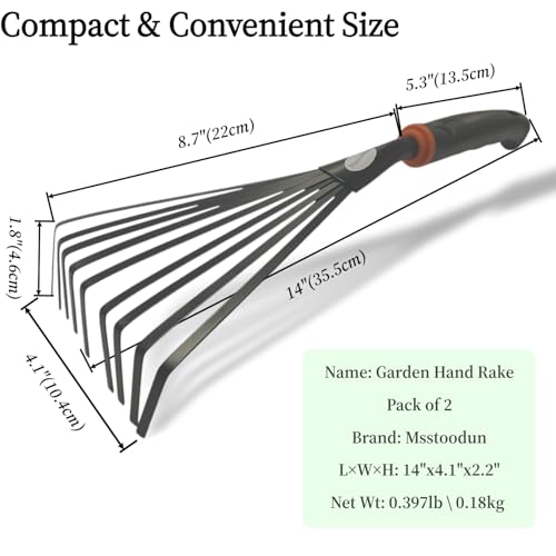 2 Pack Small Hand Rake for Gardening, Mini Leaf & Shrub Rake with Durable Steel Tines, Ergonomic Non-Slip Handle for Flower Beds, Lawn, Leaves & Yard Cleanup