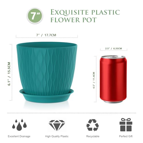 WSMKSZ 7 inch Flower Pots, 5 Pack Plant Pots with Drainage Holes and Saucers for Indoor Plants, Plastic Planters with Water Ripple for Small Garden House Plants, Nursery Pots for Succulent, Blue Green - color: Blue-green, size: 7inch 5pcs
