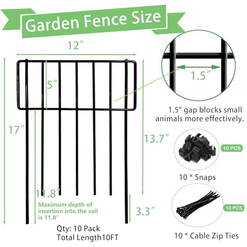 Thrivinest 10 Pack Animal Barrier Fence, No Dig Decorative Fence, 17in(H) x10ft(L) Rustproof Metal Small Garden Fence Border for Dogs Rabbits, Bottom Blocker for Outdoor Yard Patio - color: Black, size: 10 Pack,10Ft