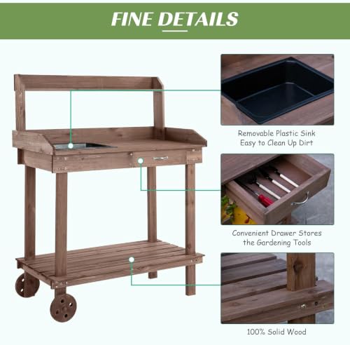 36" Wooden Potting Bench Work Table with Wheels, Removable Sink, Drawer, Shelves & Garden Storage Workstation (Brown) - color: Brown