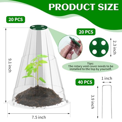 Garden Cloches for Plants, 20 Pack Garden Cloche with Rotary Vent, Reusable Bell Plant Covers with 40Pcs Ground Stakes, Plant Cloche Protectors from Animals Snails Birds Chickens, 7.9" H X 6.7" D