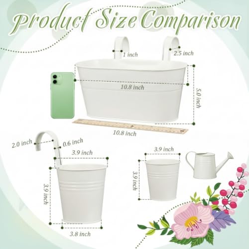 Tessco 4 Pcs 5.3"x10.8" Metal Iron Hanging Flower Pots and 4 Pcs 3.9" Balcony Bucket Planter for Railing Fence White Window Plant Holder Indoor Outdoor Garden Home Decoration with Detachable Hooks