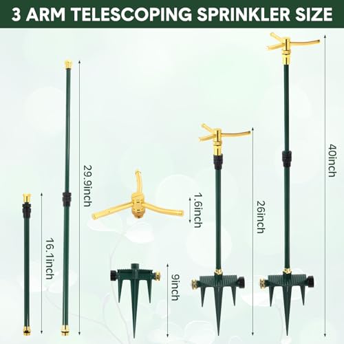 Teenyyou 4 Pcs Metal Lawn Sprinkler Set, 3 Arm Telescoping, 360 Rotation