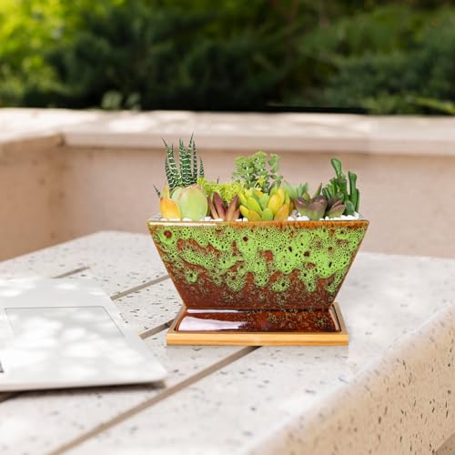ARTKETTY Succulent Pots - 7 Inch Large Plant Pots with Drainage Tray - color: Green With Tray