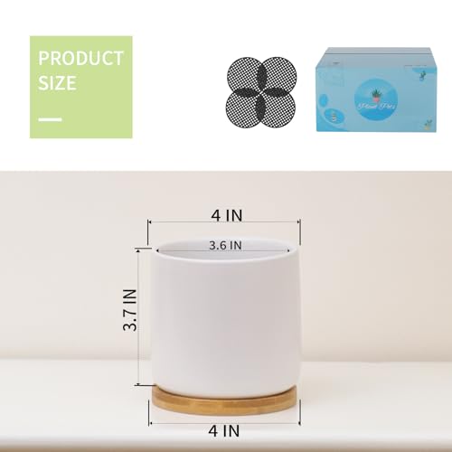 4 Inch Ceramic Plant Pots with Drainage Holes and Trays, Adorable Small Cylinder Flower Planter Pot with Saucers for Indoor Plants, Succulent, Snake Plants, Cactus & Herbs, White, Set of 4 - color: White