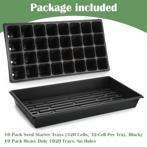RooTrimmer 10 Pack 1020 Trays No Holes and 10 Pack 4.3" Deep 32 Cell Seed Starter Trays, 20" x 10" - Heavy Duty Plastic Nursery Flats for Seed Germination & Plant Propagation (10 Sets) - size: 32 Cells