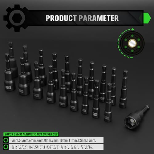 20-Piece Magnetic Nut Driver Set, Metric & SAE 1/4" Hex Shank, 65mm Long Drill Socket Set, Impact Nut Driver Bit Sets, Magnetic Bit Holder with Aluminum Alloy Snap Clip, Quick Change Tool - color: 20pcs 65mm Black