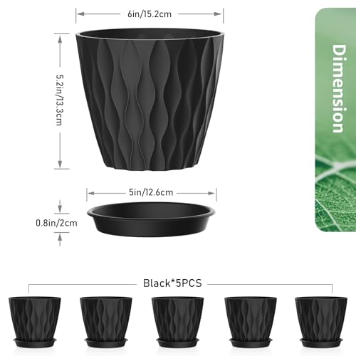 Meowell 6 inch Plant Pots, 5 Pack Flower Pots for Indoor Outdoor Plants, Water Ripples Plastic Planters with Drainage Holes and Saucers, Nursery Pots for Small Succulent Garden House Plants, Black - color: Black, size: 6 inch 5 pieces
