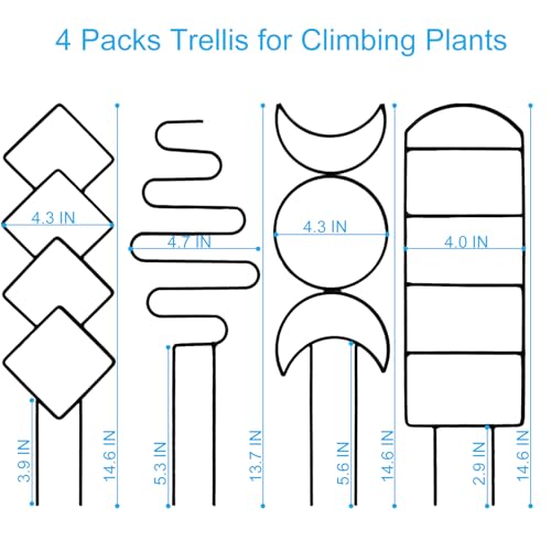 4 Packs Trellis for Climbing Plants Indoor, HENABLE Small Garden Metal Trellis for Potted Plants Outdoor for Vine Ivy Flower Plant Support, 4 Different Black Iron Patterns - size: 15 IN