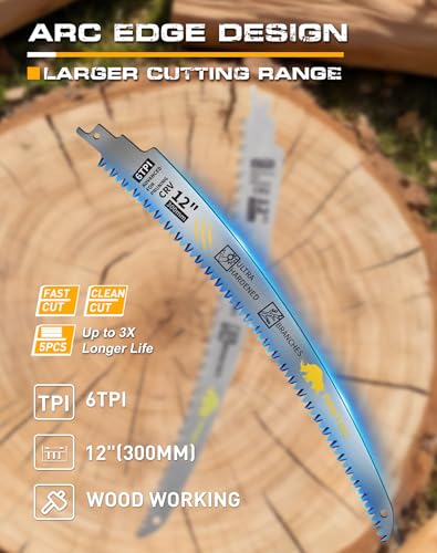 12-Inch Arc Edge Reciprocating Saw Blades, 6TPI for Wood Pruning, 5 Pack - size: 12 INCH