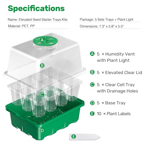 Bonviee 10-Pack Seed Starter Trays, Tall Dome, Base, 12-Cell Tray, Green - color: Green, size: 10 Packs (120 Cells)