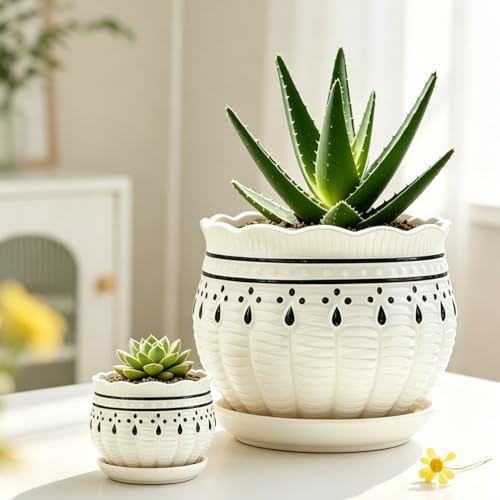 Vintage Flower Pots for Indoor Plant, Round Ceramic Plant Pots with Drainage Holes and Saucers, 6.7/5.2/3.9 Inches Retro Flower Planters Set of 3 - color: White Black Lace