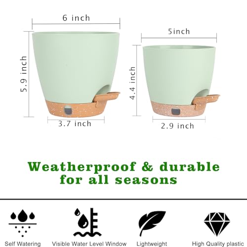 Self-Watering Plant Pots for Indoor Plants: 5/6 Inch Plastic Planter with Water Level Indicator, Drainage Holes & Deep Reservoir, Modern Decorative Flower Pot (Green) - color: Green