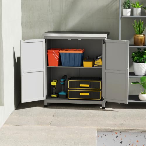 Outsunny Outdoor Storage Cabinet with Metal Tabletop Shelves Gray - color: Gray