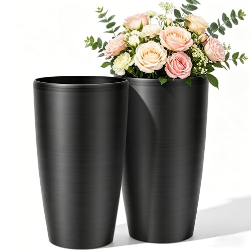 Autodaya 22.8" Tall Outdoor Planters Set of 2, Faux Brushed Steel Finish - color: Metallic Brushed Black-21.8"h