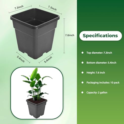 Plant Pots Flower Pot 10-Pack 2 Gallon Planter Nursery Pot Garden Seedling Planters Containers Plastic Injection Molded Pots with Drainage Holes for Outdoor Indoor Plants Vegetables, Black - color: Black, size: 2 Gallon - Square