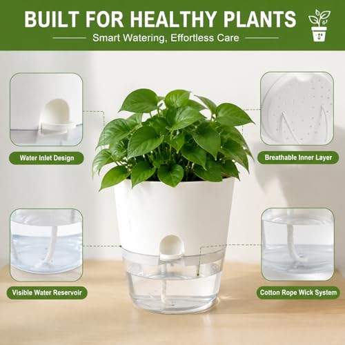 6 Inch Self Watering Planters 4 Pack Plastic Wicking Pots White - color: 6''-4pack-white