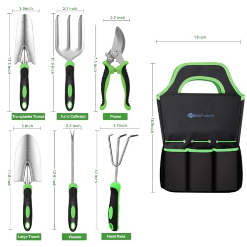 Yesker Gardening Tools 7-Piece Heavy Duty Garden Tool Set Gardening Supplies Gifts for Women Men Gardening Hand Tool Kit with Non-Slip Ergonomic Handle, Durable Garden Bag, Pruning Shears, Black Green - size: 7PCS Black Green