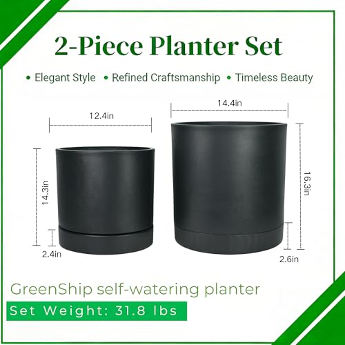GreenShip Set of 2 Indoor Plant pots, Cylinder Planters with Drainage Hole and Planter Saucer, Jun Porcelain Clay & Recycled Resin, Decorate Home,Office & Outdoor,Black pots, 13.7in+11.8in - color: Black, size: 13.7in+11.8in