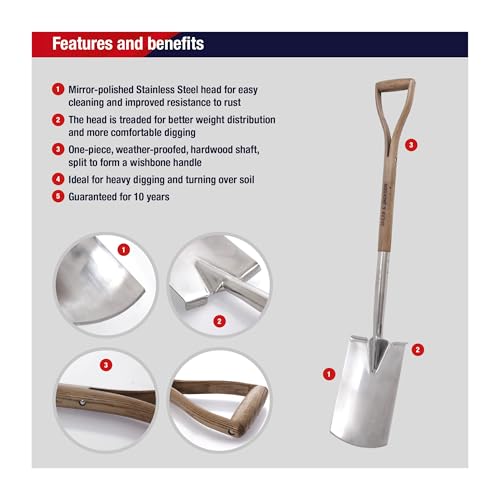 Spear & Jackson Digging Spade, Traditional Stainless Range Garden Tool, Treaded Stainless Steel Head and Ash Wood Handle for Efficient Soil Digging - style: Digging Spade