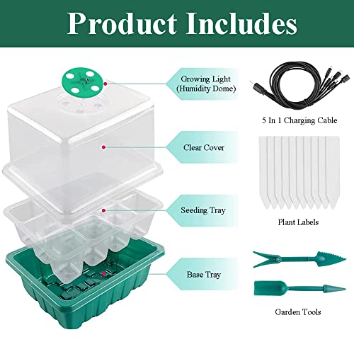 Seed Starter Tray Seedling Kits with Grow Light, 3-Pack Plant Germination Set with Adjustable Humidity Dome and Base Greenhouse Grow Trays for Seeds Growing Starting (12 Cells per Tray)