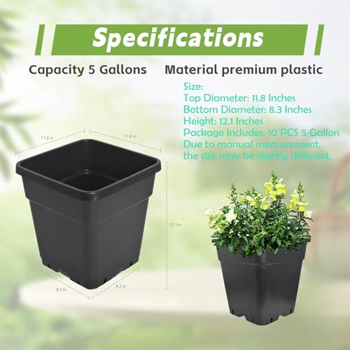 HOSTIC 5 Gallon Square Nursery Pots 10 PCS Flexible Plastic Pots - color: Black, size: 5 Gallon-10Pcs