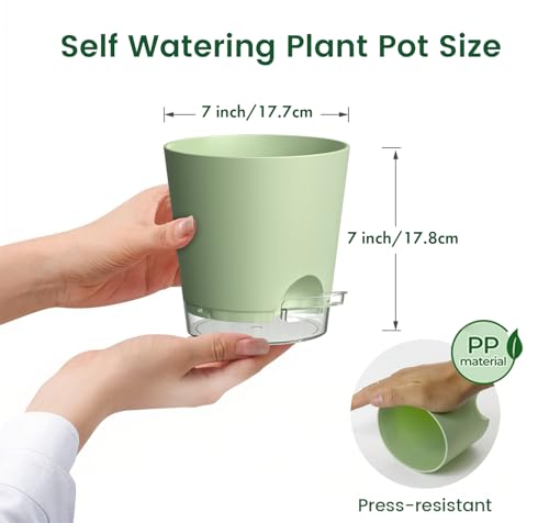 Meowell 7 inch Self Watering Pots for Indoor Plants, 5 Pack Plant Pots with Drainage Holes & Clear Reservoir for Visible Water Level, Plastic Wicking Planter Pots for House Plants and Flower, Green - color: Green, size: 7 in 5pcs