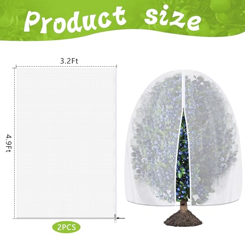 2 Pcs Fruit Tree Netting with Zipper & Drawstring, 4.9 x 3.2 Ft Garden Bird Netting Plant Cover, Blueberry Tomato Insect Bird Barrier Tree Net Protection Cover for Protecting Plants Vegetables Fruits