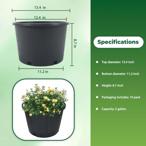 Plant Pots Flower Pot 10-Pack 5 Gallon Short Planter Nursery Pot Garden Seedling Planters Containers Plastic Injection Molded Pots with Drainage Holes for Outdoor Indoor Plants Vegetables, Black - color: Black, size: 5 Gallon Short - Round