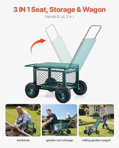 VEVOR Rolling Garden Cart with Seat, Metal Rolling Garden Work Seat with Wheels, Supports up to 400 LBS, Heavy Duty Gardening Cart Scooter, Outdoor Wagon & Stool on Wheels for Lawn, Patio, Backyard - color: Green & Black