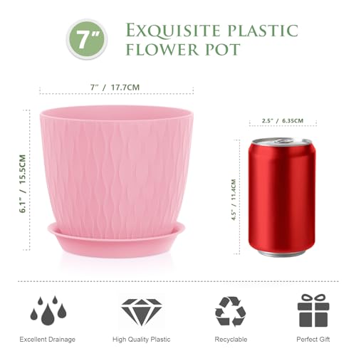 WSMKSZ 7 inch Plant Pots, 5 Pack Flower Pots with Drainage Holes and Saucers for Indoor Plants, Plastic Planters with Water Ripple for Small Garden House Plants, Nursery Pots for Succulent, Colorful - color: Colorful, size: 7inch 5pcs