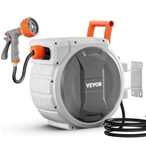 VEVOR Retractable Garden Hose Reel, 5/8 Inch x 100 ft Wall Mounted Hose Reel, Heavy Duty Garden Hose Reel with 9 Patterns Nozzle, Any Length Lock, Upgraded Slow Return System and 180°Swivel Bracket - size: 5/8 in x 100 ft