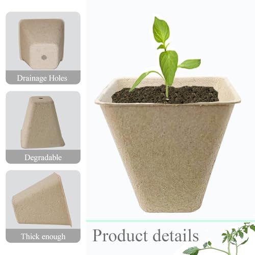 50Pcs Biodegradable Seedling Pots Seed Starter Kit 3.15 Inch Square Peat Pot with Drainage Holes, Plant Labels, Seedling Pickers & Garden Shovels