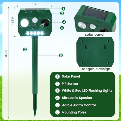 Solar Ultrasonic Animal Repellent Outdoor, 2 Pack Cat Squirrel Raccoon Bird Dog Deer Repellent Devices with PIR Motion Sensor & LED Flash, Waterproof Animal Deterrent for Garden Yard Farm