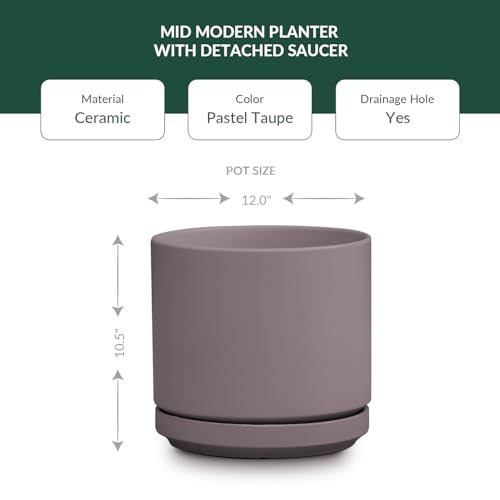 PLANTATOREM Ceramic 12 Inch Mid Modern Planter Pot with Drainage Hole and Saucer, Indoor Cylinder Round Flower Pot, Perfect for Planting Succulents, Herbs, Flowers, House Plants, Pastel Taupe - color: Pastel Taupe, size: 12.0" D x 10.5" H