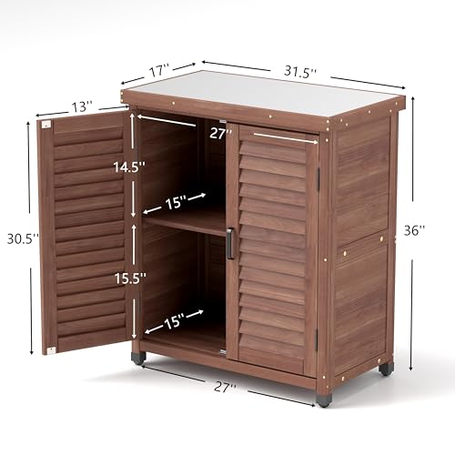 Wood Outdoor Storage Cabinet, Potting Benches for Outside, Potting Table with Storage Cabinet and Metal Table Top, Outdoor Workbench for Garden, Patio, Deck, Brown - color: Brown