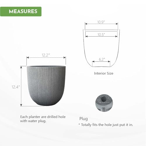 12.4"H Tapered Ribbed Lightweight Plastic Planter w/ Drainage Hole & Plug - color: Mediterranean Gray., size: 12.4in