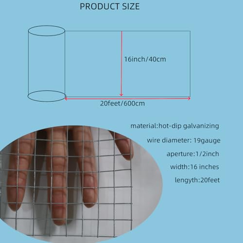 19 Gauge Galvanized Hardware Cloth, Welded Wire Metal Roll Chicken Fence Wire Mesh Screen Roll, Garden Rabbit Fencing, Snake Fence, Chicken Gopher Racoons (1/2 Inch-16Inch x 20Ft) - size: 1/2 Inch-16Inch x 20Ft