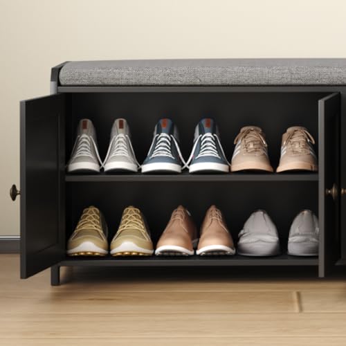 HOMEFORT 48.4" Shoe Storage Bench with Cushion, Entryway Bench with Paddded Seat, 2-Tier Shoe Cabinet Bench with Adjustable Shelves and 4 Doors, Wooden End of Bed Bench, for Bedroom, Hallway, Black