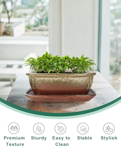 vensovo 10.5 Inch Ceramic Bonsai Pot with Saucer, Brown White Gradient - color: Brown White Gradient