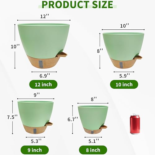 12/10/9/8 inch Self Watering Pots with Visual Water Window, Extra Large Self Watering Plant Pot with Drainage Holes and Saucers, Green Flower Pots for Indoor Plants - color: Green