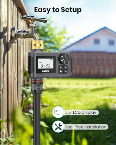 Sprinkler Timer with Brass Swivel, Programmable Water Timer for Outdoor Garden Hose, Hose Timers with Rain Delay/Manual/Auto Mode, Drip Irrigation and Lawn Watering System, 1 Outlet